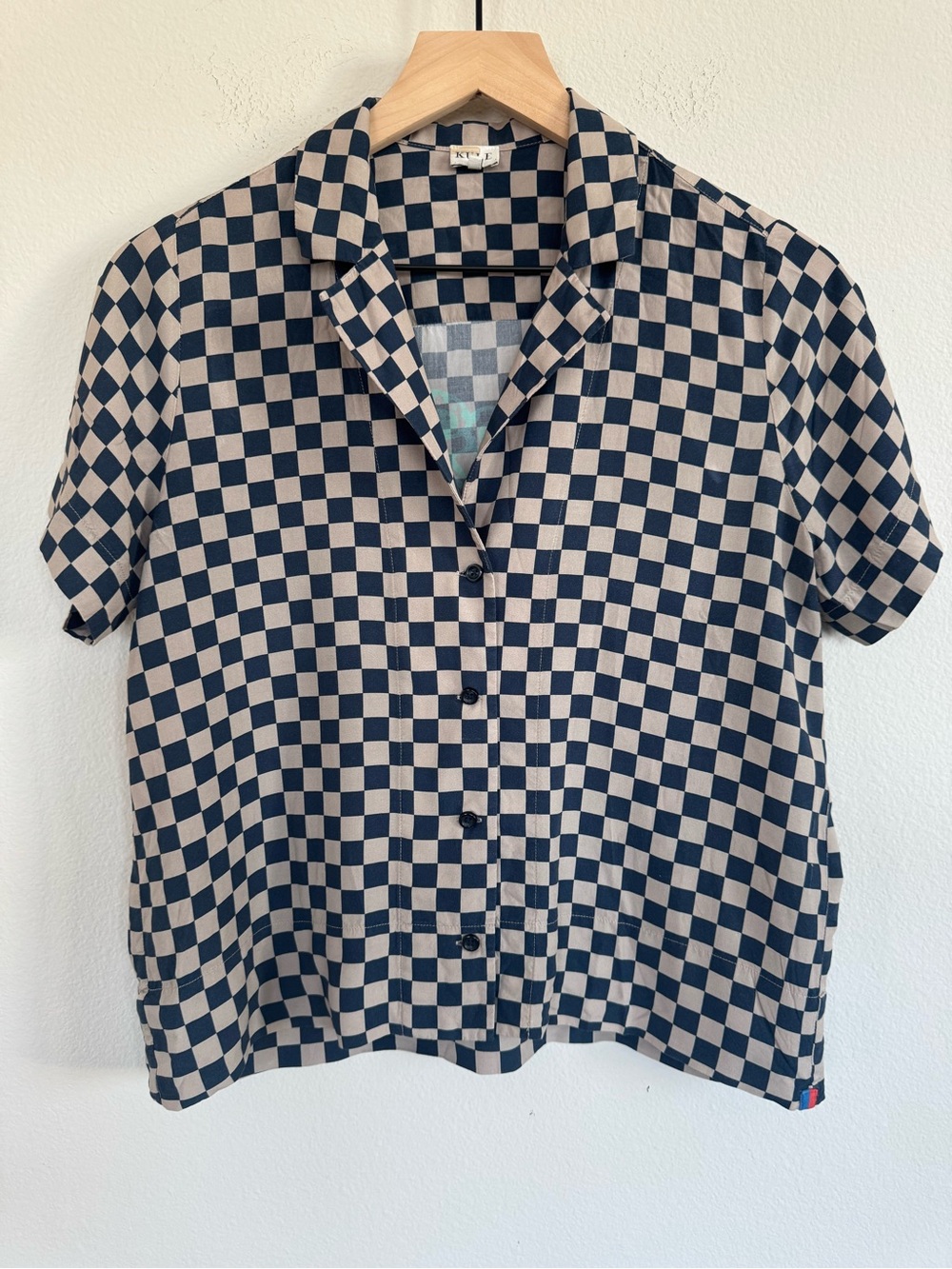 KULE Checkerboard Button Down Shirt Rayon Boxy Artsy Scandinavian Camp Collar S